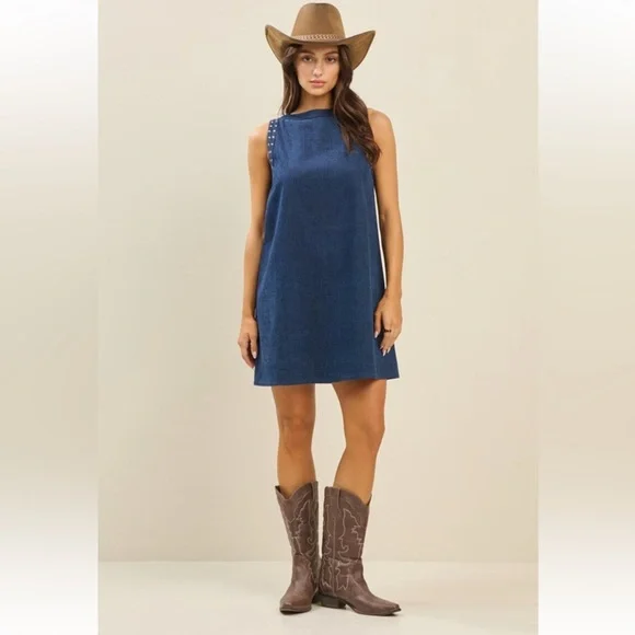 New Trendy Blue Denim Studded Sleeveless Shift Style Dress